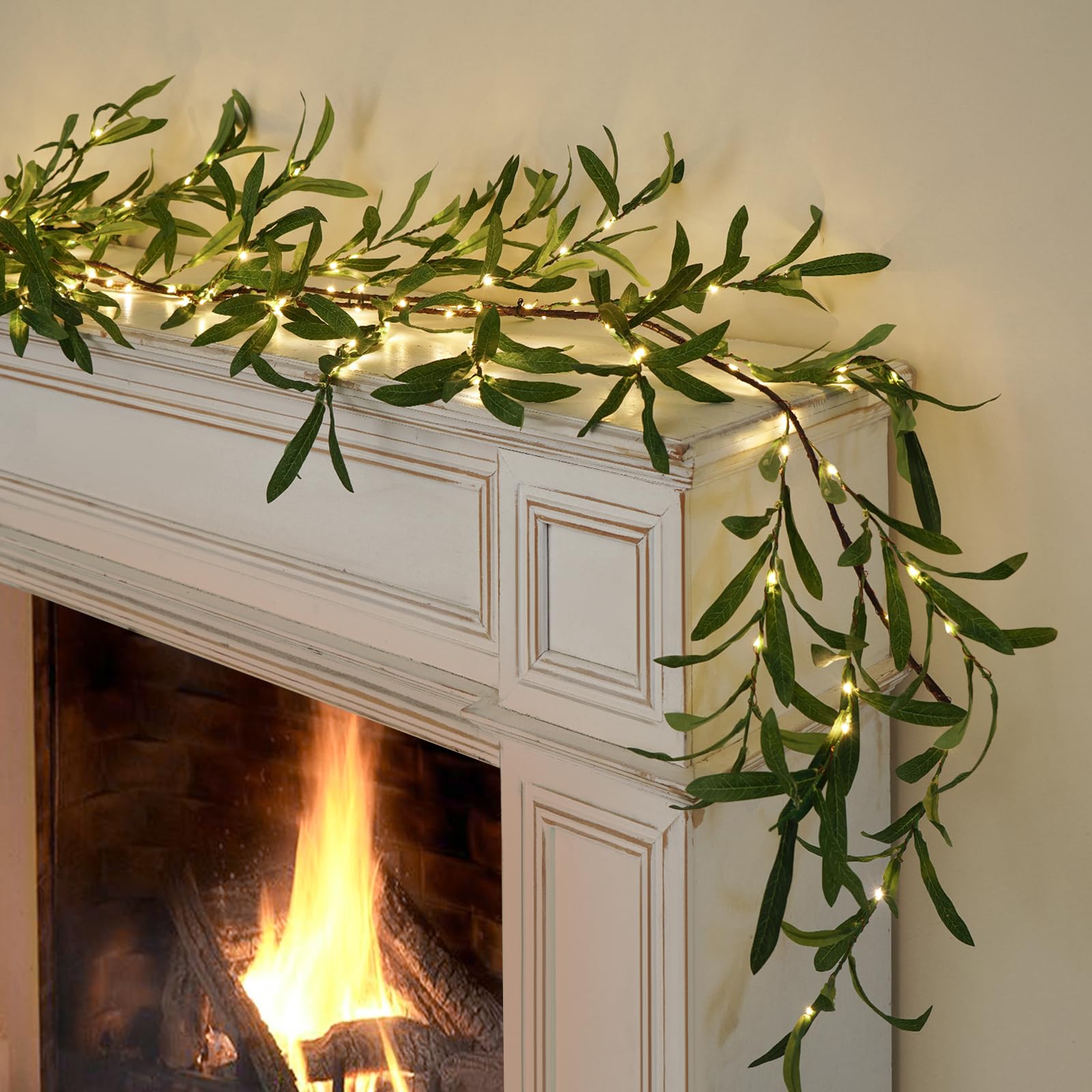 Photo 1 of Nicedepot 6FT Olive Garland with Lights with Timer Prelit Garland Fairy Lights Christmas Garland for Spring Holiday Fireplace Mantle Decoration Indoor Outdoor