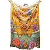 zbezbe Cute Highland Cow Flannel Blanket, Adorable Calf Bathtub with Flower and Butterfly Throw Blankets Lightweight Soft Cozy for Bed Sofa Camping Travel, Home Farm Decor, Gifts for Kids, 50x60in