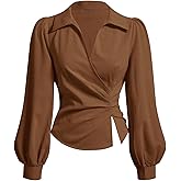 WDIRARA Women's Plus Size Wrap V Neck Blouse Long Bishop Sleeve Ruched Shirts Business Work Dressy Tops