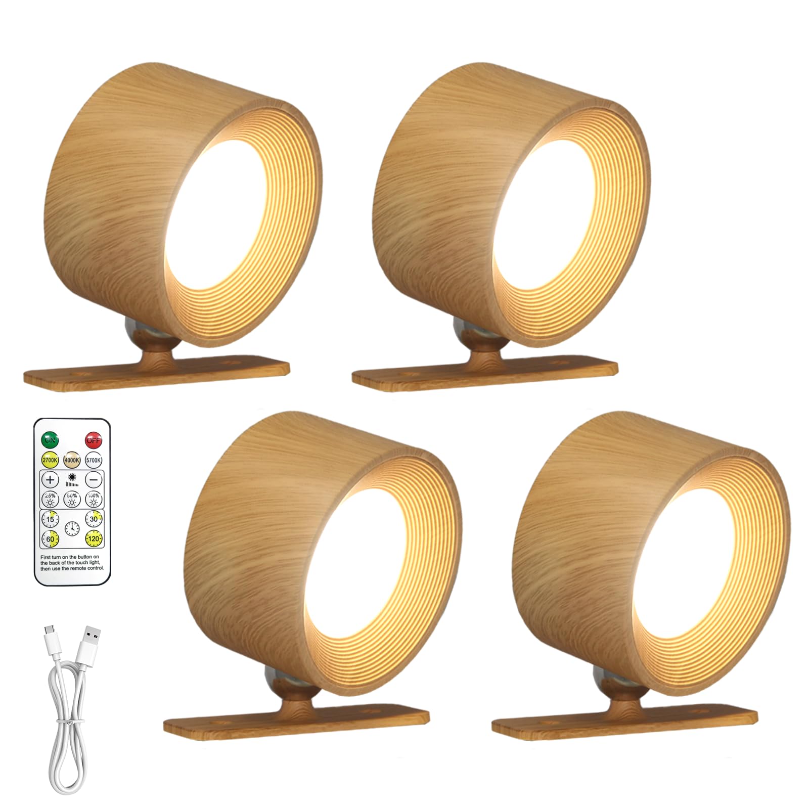 Photo 1 of SOUDFK Rechargeable Wall Sconce with Remote & Touch, 360° Rotatable Battery Operated Wall Lights, 3-Color Dimmable, No Drill Adhesive, Ultra Long Battery for Bedroom Reading?Wooden-4PC?