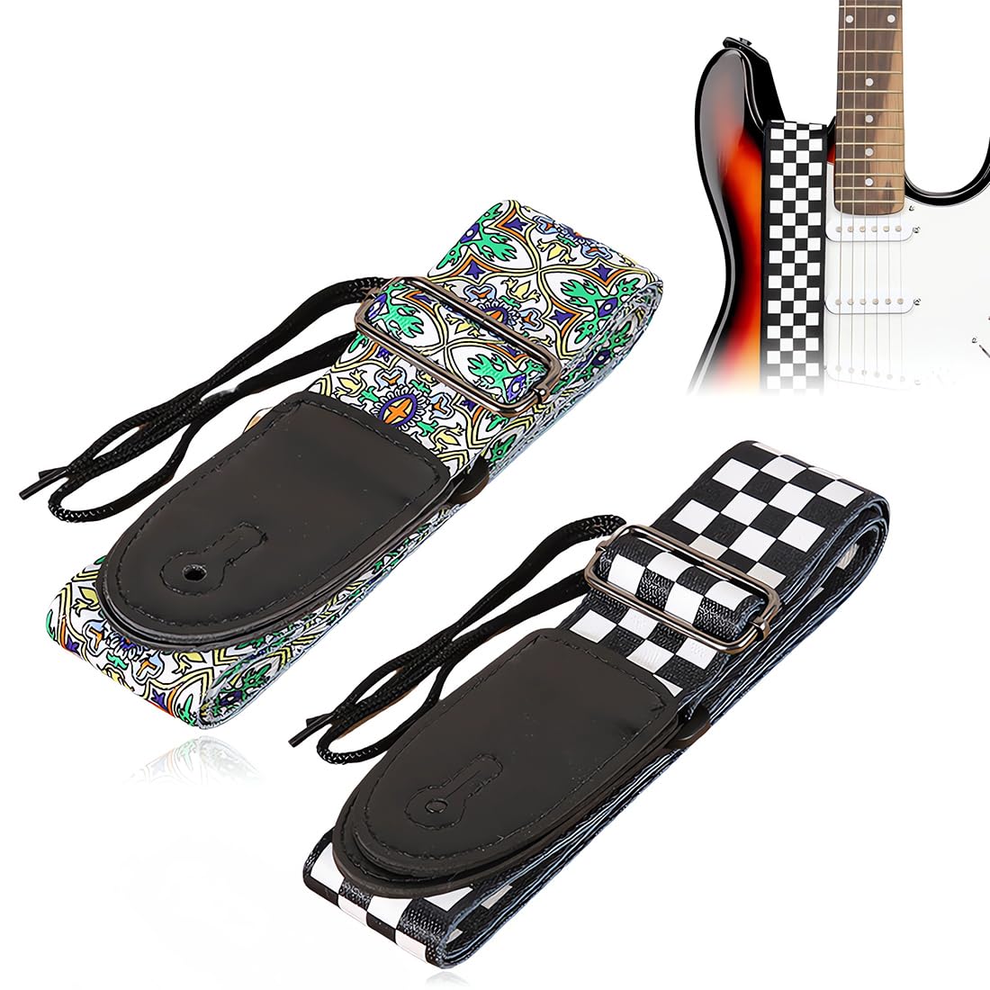 Guitar Strap, 2 Pcs Adjustable Guitar Strap, Leather Ends Guitar Shoulder Strap, For Bass, Electric & Acoustic Guitars, Black and White Checkered and green pattern