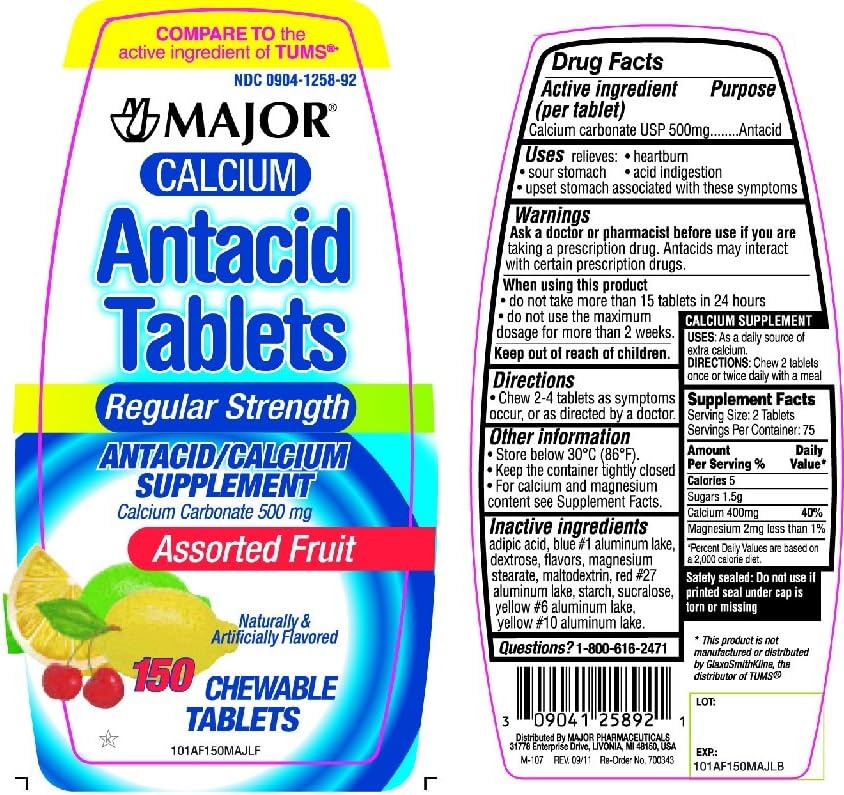 Major Calcium Antacid Chewable Tablets, Assorted Fruit