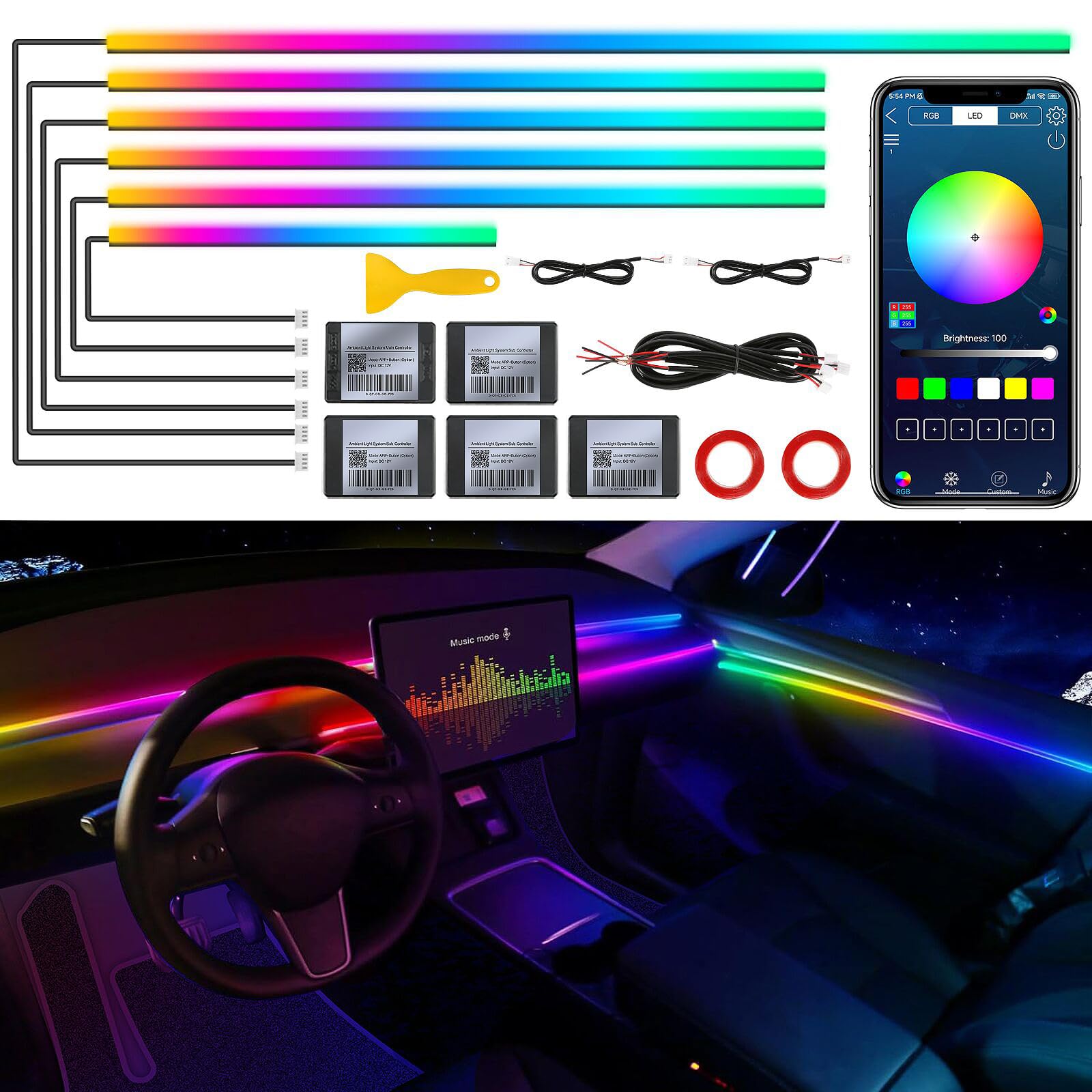 Photo 1 of Dreamcolor Acrylic Interior Car LED Strip Light with Wireless APP, RGB 6 in 1 with 175 inches 593 LEDs Fiber Optic Strip Lights for Car, Dynamic Chasing Music Sync Neon Car Ambient Lighting Kits