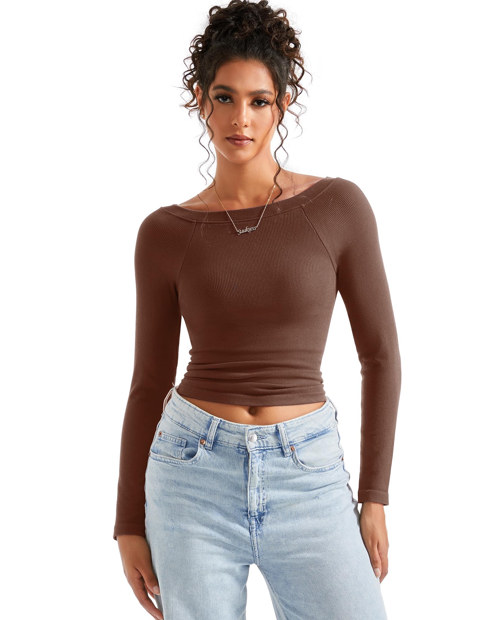 Photo 1 of SUUKSESS Women Fall Modal Ribbed Top Boat Neck Long Sleeve Shirts Basic Going Out T Shirts (Brown, S)