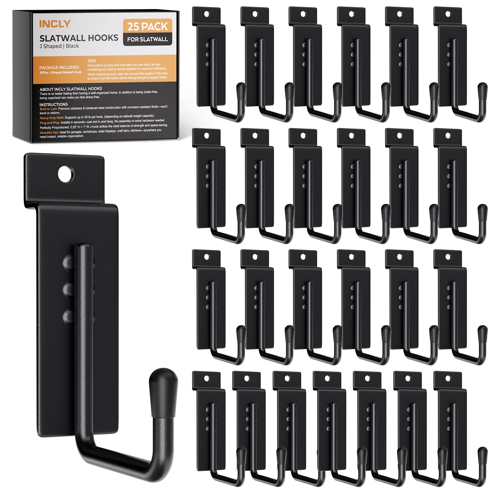 Photo 1 of INCLY 25 Pack J-Shaped Slatwall Hooks, Heavy Duty Slat Wall Hanging Hook and Hanger, Slatwall Panel Accessories Display Hooks for Garage, Kitchen, Retail Store