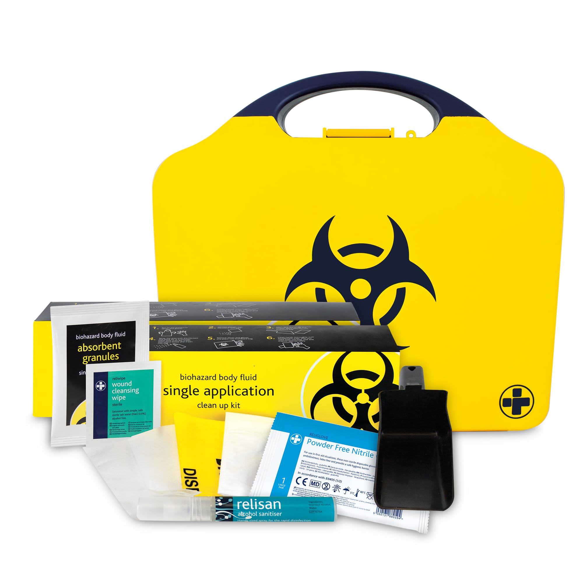 Reliance Medical - Biohazard Body Fluid Clean-Up Kit for The Treatment of Infectious Micro-Organisms - 2 Single Application Packs- Black/Yellow Wall Mountable Box