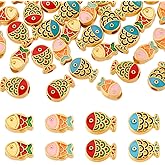 PH PandaHall 40pcs 4 Styles Enamel Fish Beads, Golden Beads Red Streak Fish Spacer Bead Metal Ocean Animal Beach Bead for DIY Crafts Bracelet Necklace Earring Jewelry Making