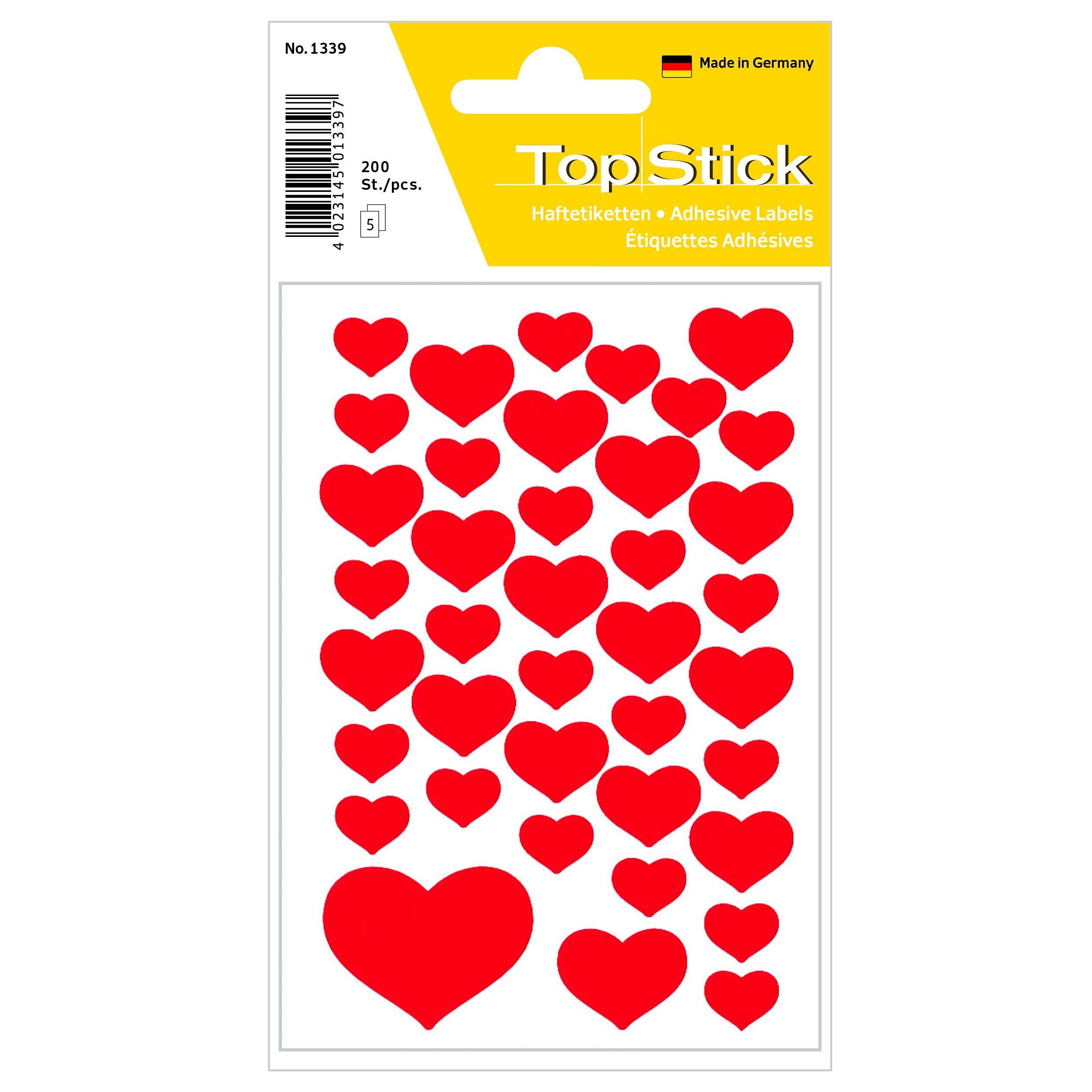 TopStick 1339 Stickers for Kids with Heart Motifs, 40 Labels Per Sheet, 2000 Labels, Stickers for Children for Gifts, Scrapbooking, Decoration, Rewards