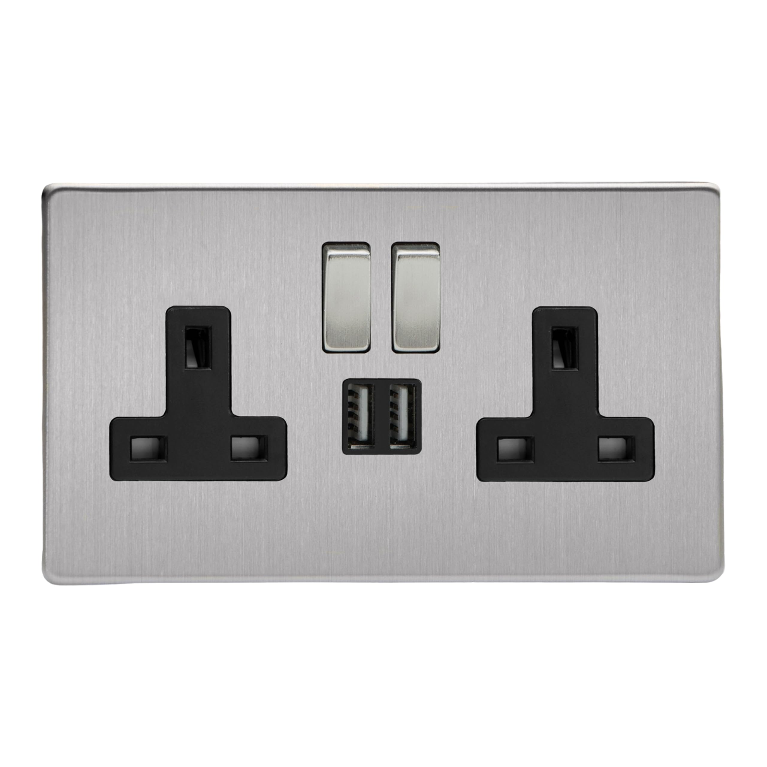Varilight Double Switched Socket With USB Charging - Screwless Brushed Steel With Brushed Steel/Black Insert