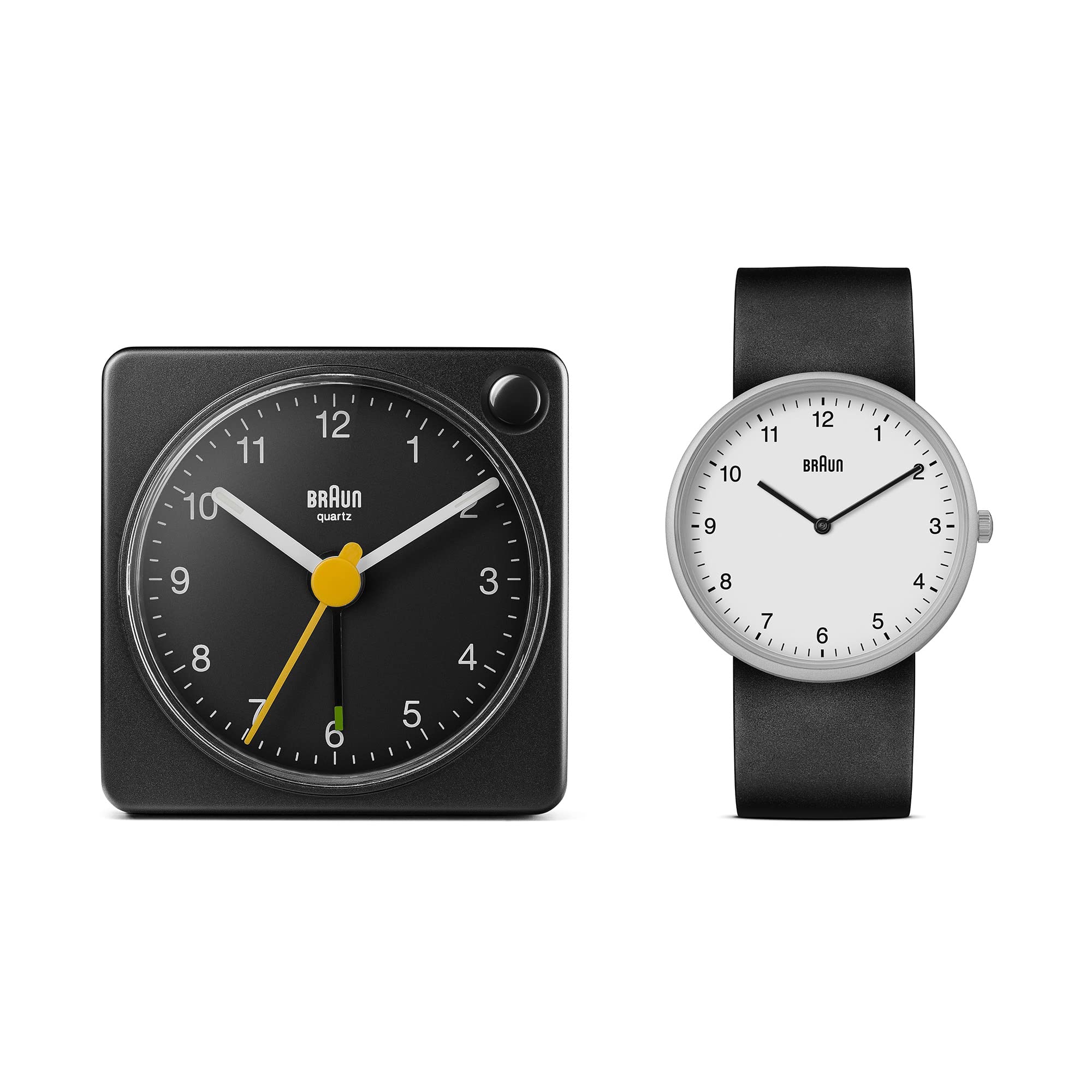 Braun Gift Set Bundle 2-Hand Analogue Quartz Watch with Black Silicone Rubber Strap BN0231WHBLKG Classic Travel Analogue Clock in Black BC02XB (2 Pack)