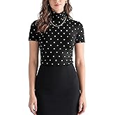 Zengjo Turtleneck Tops for Women Short Sleeve, Stretchy Slim Fitted Vintage Polka Dot Shirts, High Neck Layering Tee
