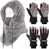 Jamntower Winter Ski Mask Fleece Balaclava Hood with Touchscreen Ski Gloves Windproof 3 in 1 Thermal Beanie Hat for Men Women