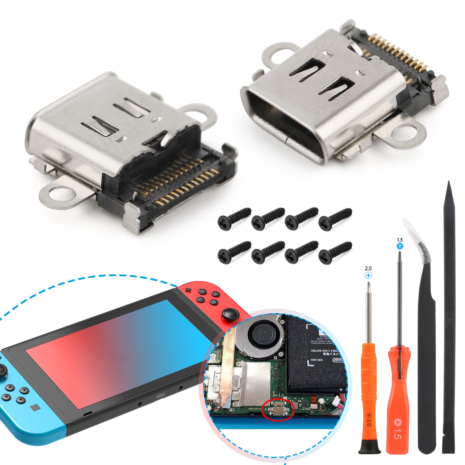 Photo 1 of 2 Pack for Nintendo Switch Charging Port Replacement For Nintendo Switch Dock Connector NS Switch USB Type C Charge Power Socket Jack Port Console Accessories (With Screws and Repair Tools)