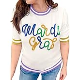 Womens Sweaters Mardi Gras Letter Tinsel Print Short Sleeve Crewneck Colorblock Knit Pulllover Tops A-White