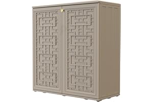 HOMSPARK Indoor/Outdoor Storage Cabinet with Doors and Shelf, 34”x16”x36” HDPE Plastic Storage Box for Bedroom, Bathroom, Living Room, Balcony, Multi-Purpose for Toys, Kitchen Tools, Coffee