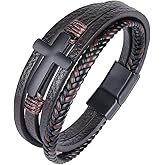 Mrcaois Mens Leather Cross Bracelet Braided Multi Layer Wristband with Stainless Steel Clasp - Christian Religious Gifts for Him(Brown/Black/Blue)