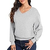 Smile Fish Women V Neck Long Sleeve Sweatshirt Casual Relaxed Cropped Pullover Fleece Lined Warm Tops