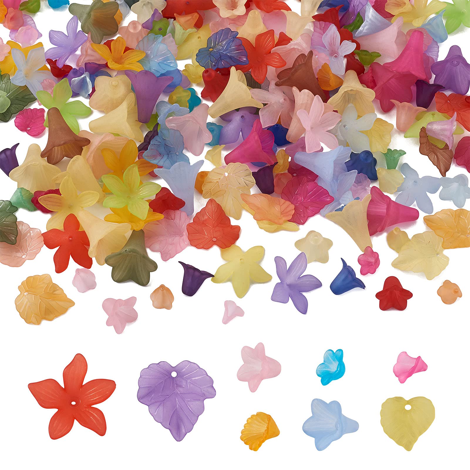 Beadthoven 240pcs Flower Acrylic Beads Caps Transparent Frosted Drilled Acrylic Maple Leaf Floral Beads for Necklace Earring Jewelry Making(8 Styles) — image 1