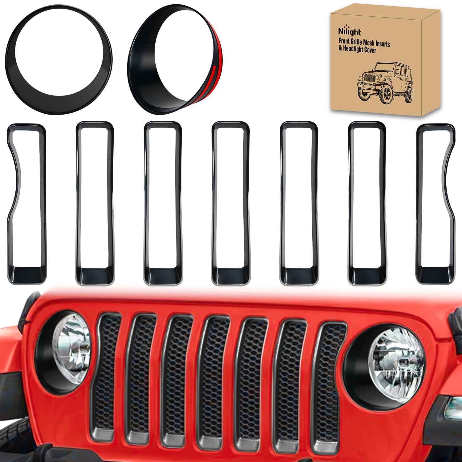 Photo 1 of Nilight Grill Inserts fit for Jeep Wrangler Front Grille Inserts Headlight Cover Set for JL JLU Unlimited Sport SportS 2018 2019 2020 2021 2022 2023 Grille Bezels Trim Exterior Accessories Black 9 Pcs