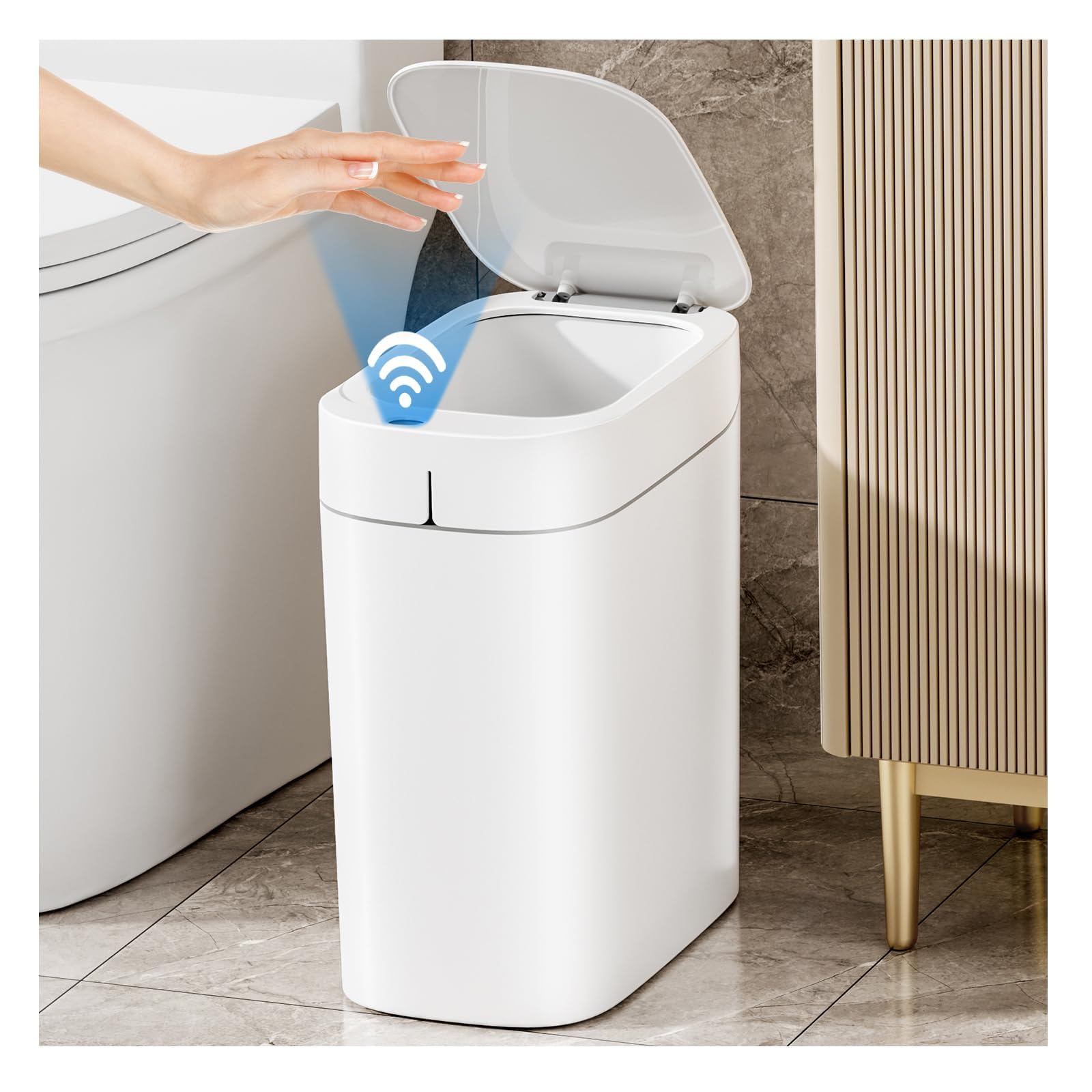 Photo 1 of MOPALL Bathroom Trash Can with Lid, Motion Sensor Trash Can Automatic Touchless, 3.5 Gallon Smart Garbage Can with Lid,Auto-Adsorption Slim Small Waste Basket for Bedroom,Bathroom,Kitchen