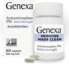 Genexa Clean Acetaminophen PM 500mg Extra Strength, Dye Free Pain Reliever, Nighttime Sleep Aid, Fever Reducer, 0% Artificial