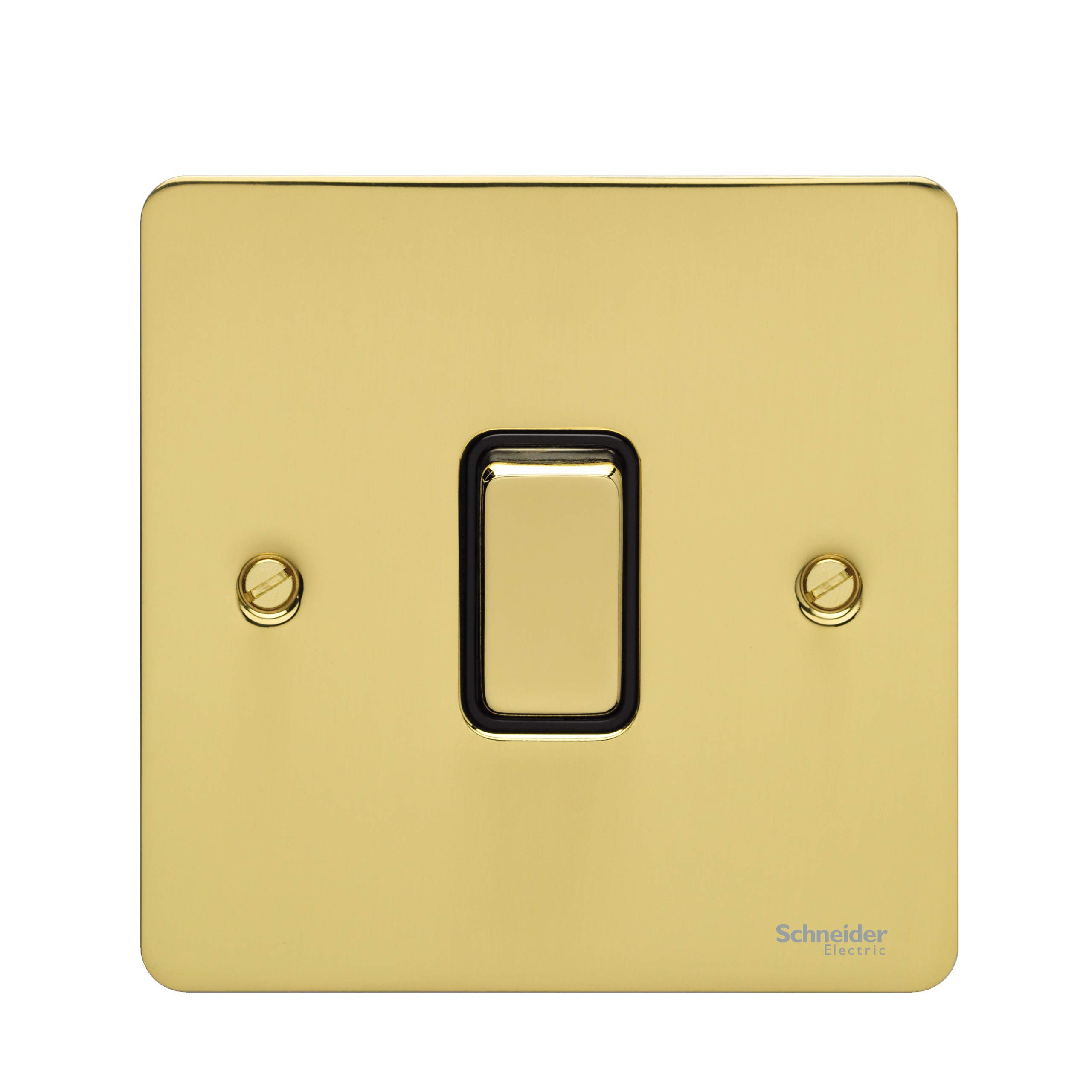 Schneider Electric Ultimate Flat Plate - Single Retractive 2 Way Light Switch, 10A, GU1212RBPB, Polished Brass with Black Insert