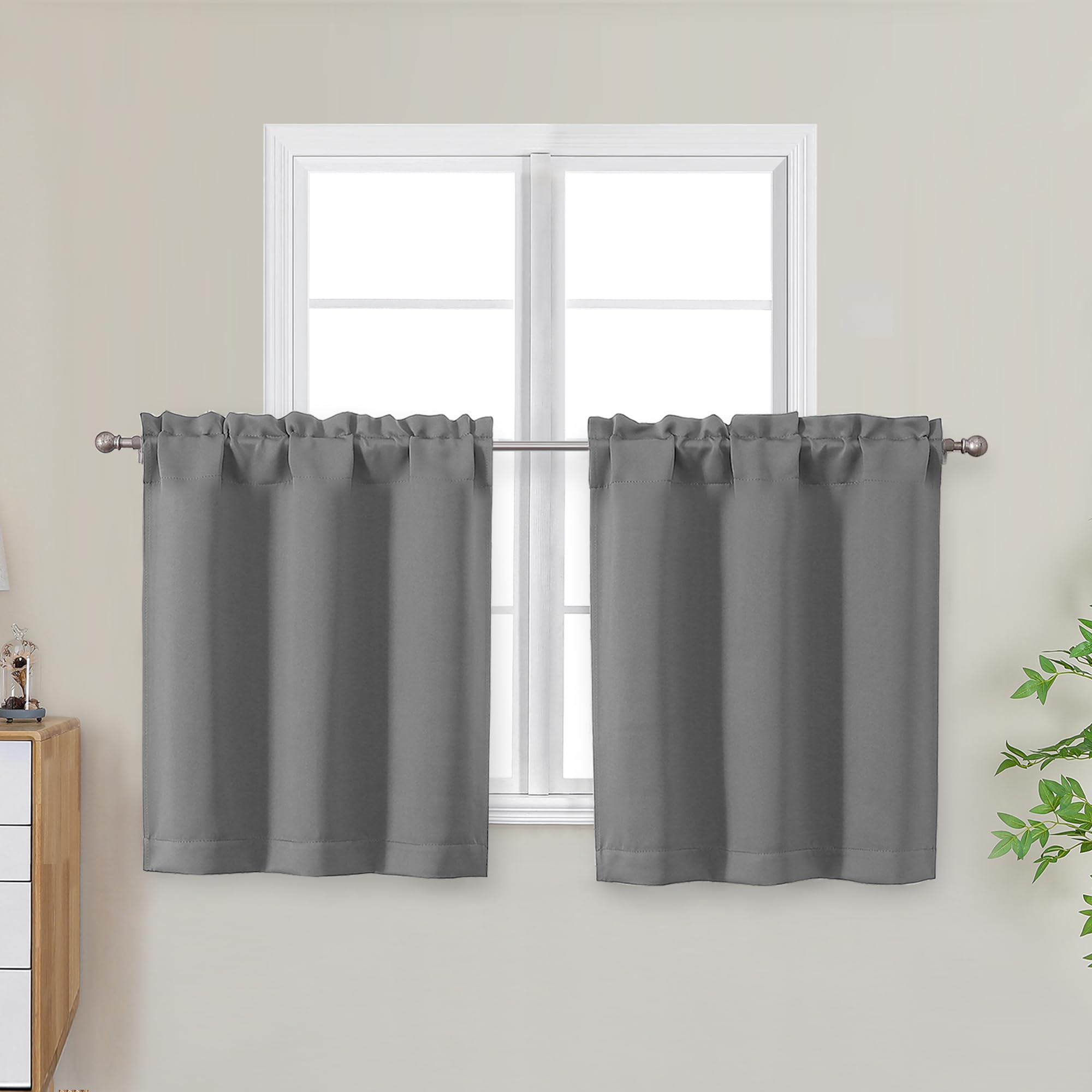 Photo 1 of OWENIE Light Grey Short Blackout Curtains Tier 24 Inch Length, Small Kitchen Curtain Rod Pocket Privacy Half Window Curtains for Bathroom Basement Cabinet Camper RV Bunk, 2 Panels, Each 30" Wx24 L