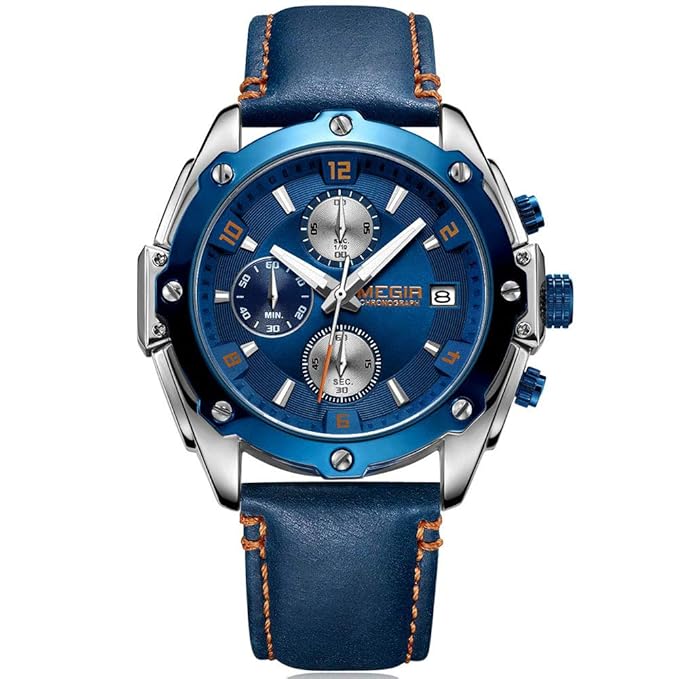 MEGIR Herren Uhr Sport Blau Leder Armband mit Chronograph Wasserdicht und Leuchtend