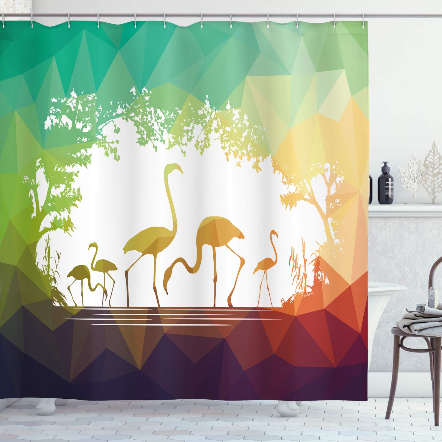 ABAKUHAUS Africa Shower Curtain, Modern Design Flamingo in Digital Art with Polygonal Featured Shadow Effects, Cloth Fabric Bathroom Decor Set with Hooks, 86 Inches Extra Long, Multicolor