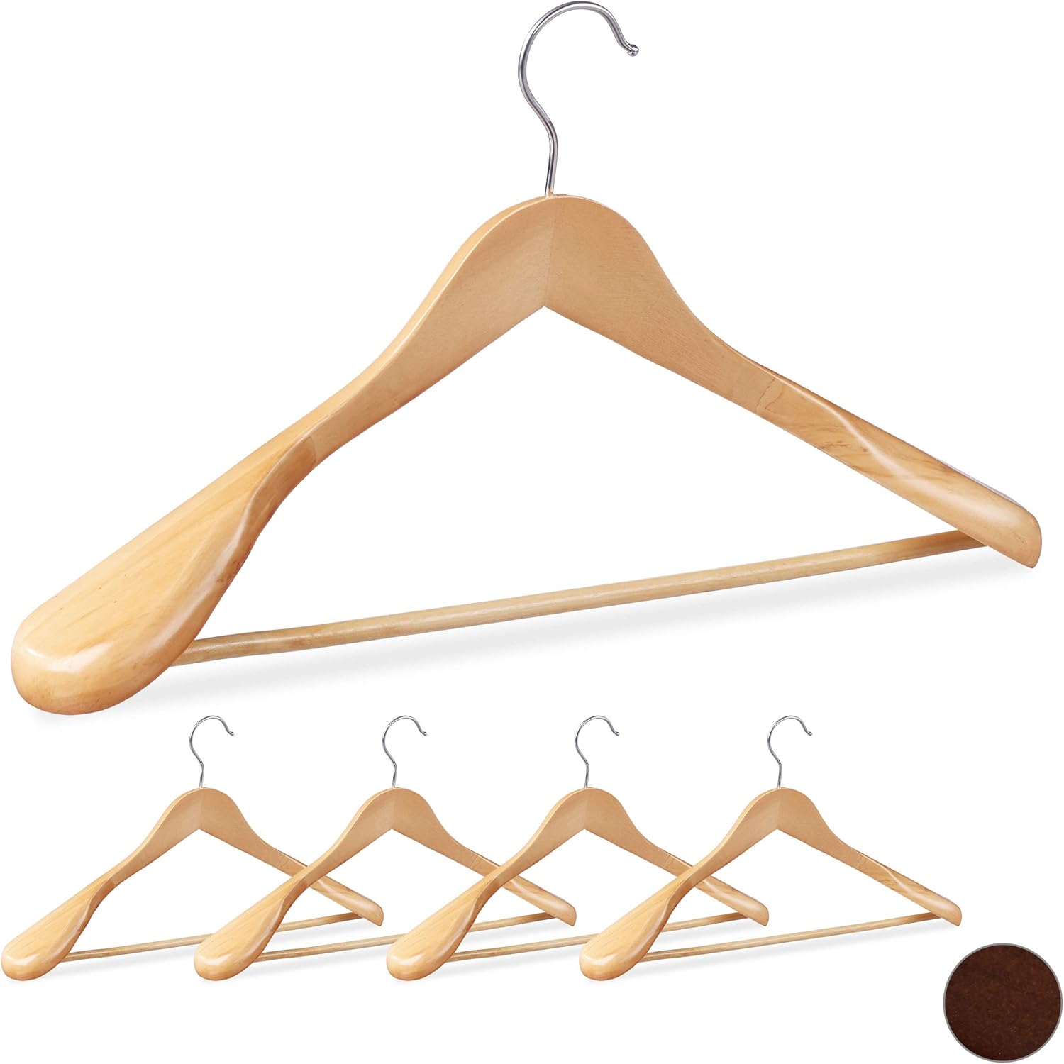 Relaxdays Suit Hangers Set of 5, Wide Shoulders, 360° Swivel Hooks, Pants Rail, Wooden Coat Hangers, Natural