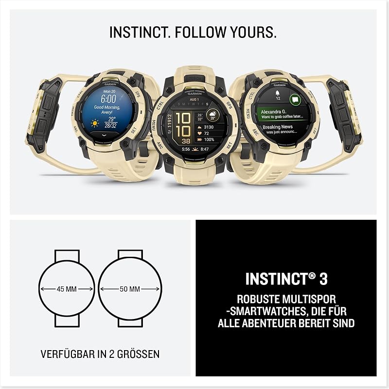 Instinct 3 45mm AMOLED – Multisport-Smartwatch, 1,2" Display, bis zu 18 Tage Akkulaufzeit, 80+ Sport-Apps, Navigationsfunktion, smarte Features, LED-Taschenlampe, wasserdicht