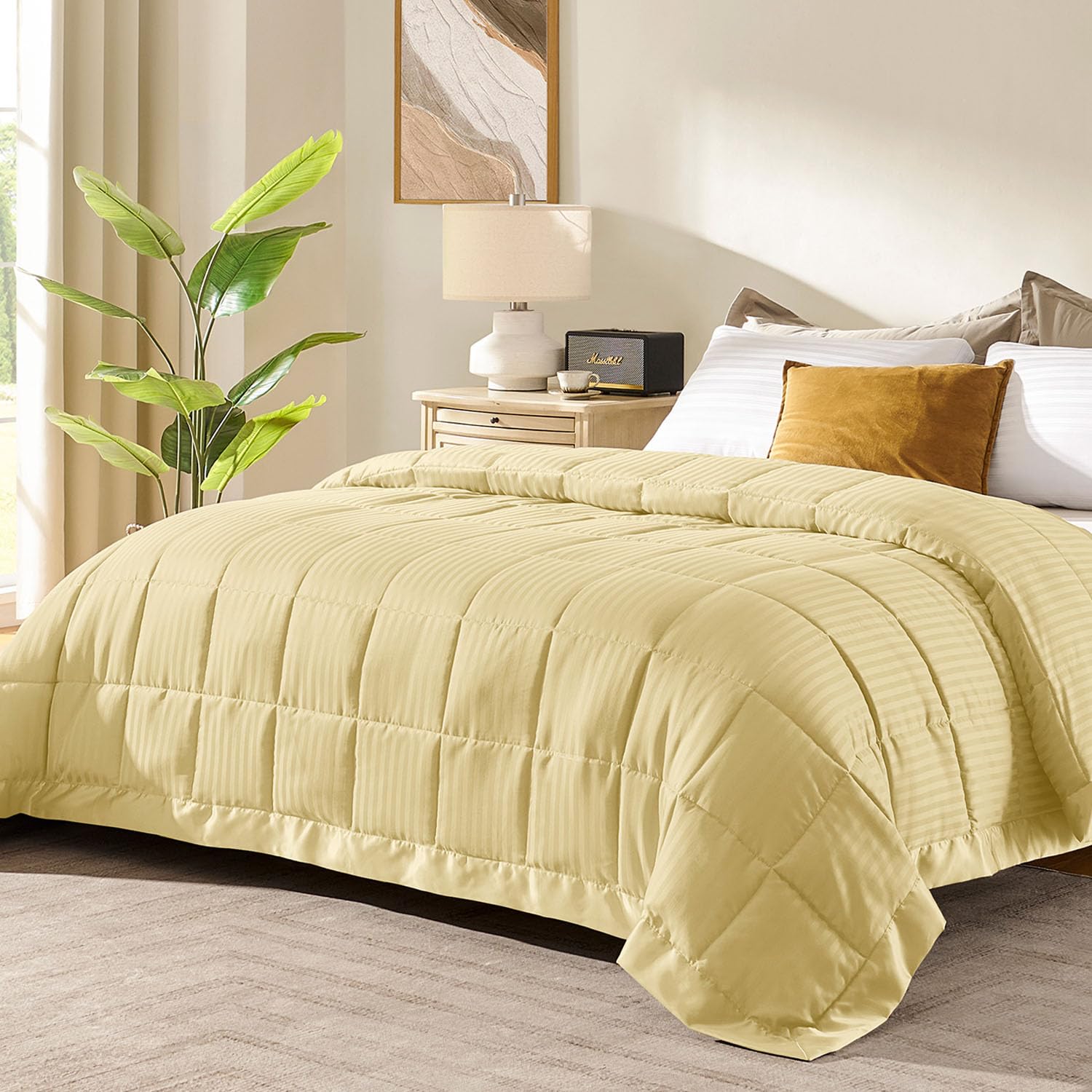 downluxe King Size Blanket with Satin Trim, Lightweight Down Alternative King Blanket for All Season, Machine Washable (Yellow, 108 x 90 Inch)
