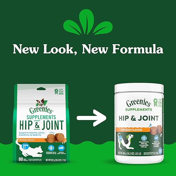 GREENIES SUPPLEMENTS HIP AND JOINT SUPPLEMENTS FOR DOGS, WITH CHONDROITIN & GLUCOSAMINE FOR DOGS, CHICKEN FLAVOR, 16.2 OZ. CONTAINER, 80 COUNT