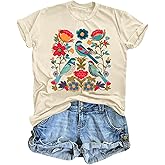 Lytiarul Vintage Flower Shirt for Women Boho Floral Wildflower Cute Graphic Tees Bird Cottagecore Print T Shirts Casual Tops