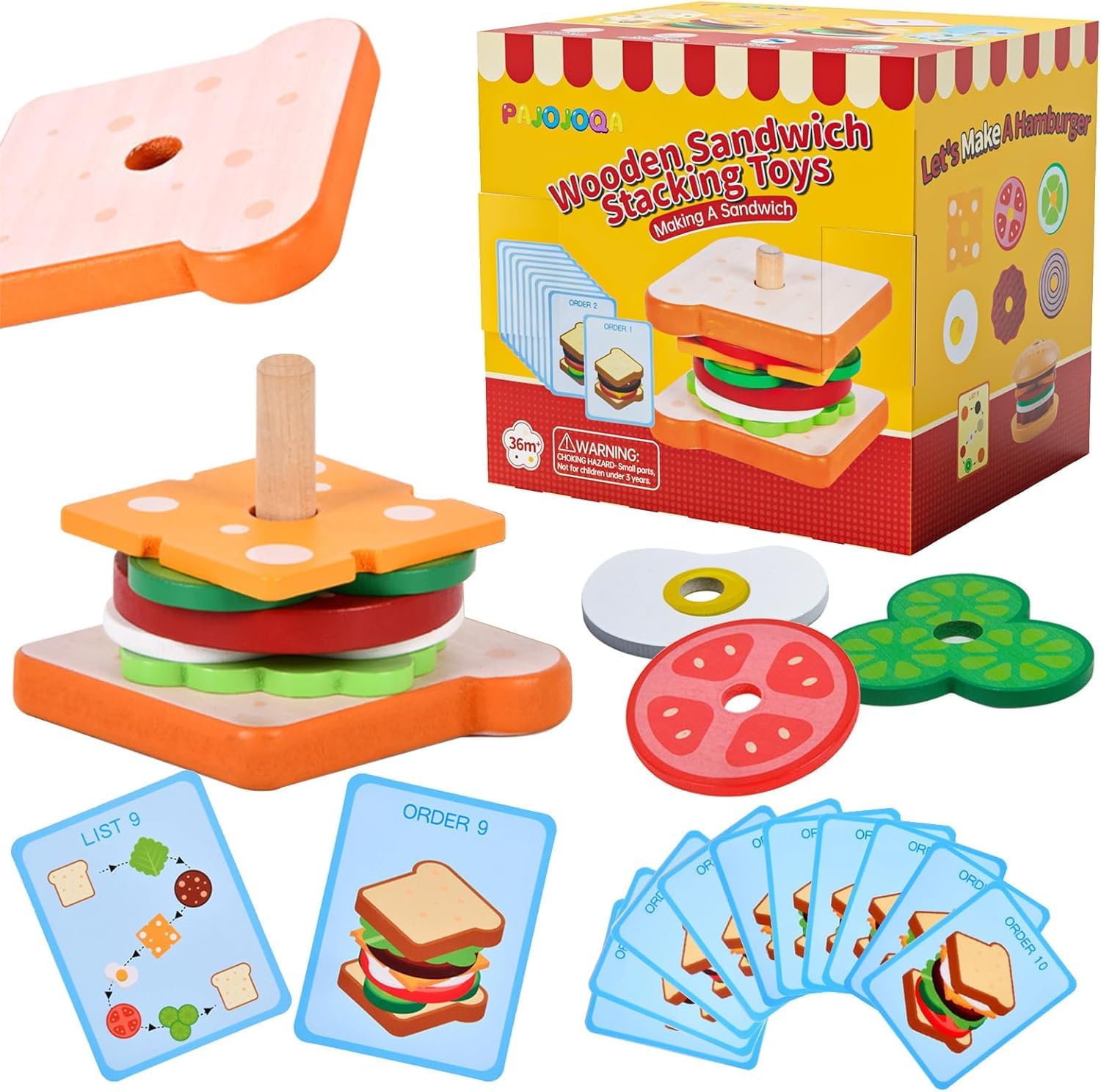 Wooden Hamburger Stacking Toys WoodenMontessori Toys for 1-6 Year Old Wooden Toys Montessori Toys Fine Motor Skills Toys for 2 3 4 5 Year Old Stacking Toys Gifts for Boy Girls Birthday Present Age 3+