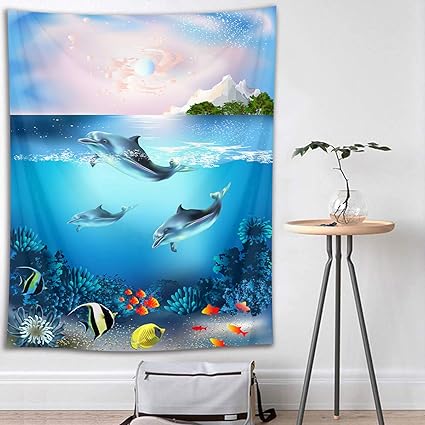 Hvest Dolphin Tapestry Tropical Fish And Coral Reef Under Sea Water Wall Hanging Fantasy Ocean Tapestries For Kids Bedroom Living Room Dorm Wall Decor