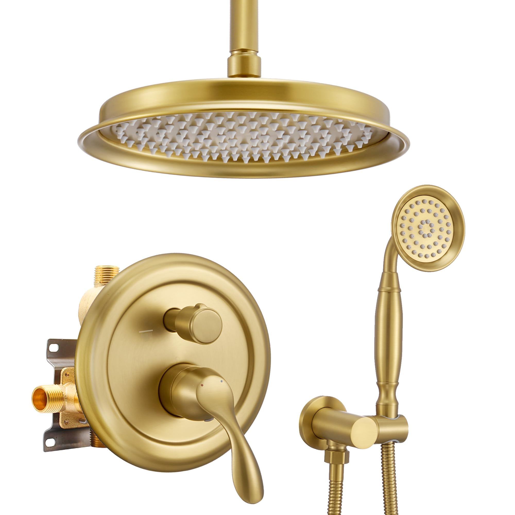 Photo 1 of DASAN Brushed Gold Rain Shower System Complete Antique Shower Faucet Sets, Brushed Gold Shower Fixtures Combo with Pressure Balance Valve, Trim Kit, 9’’ Rainfall Overhead Shower & Handheld, AT209C-BTG