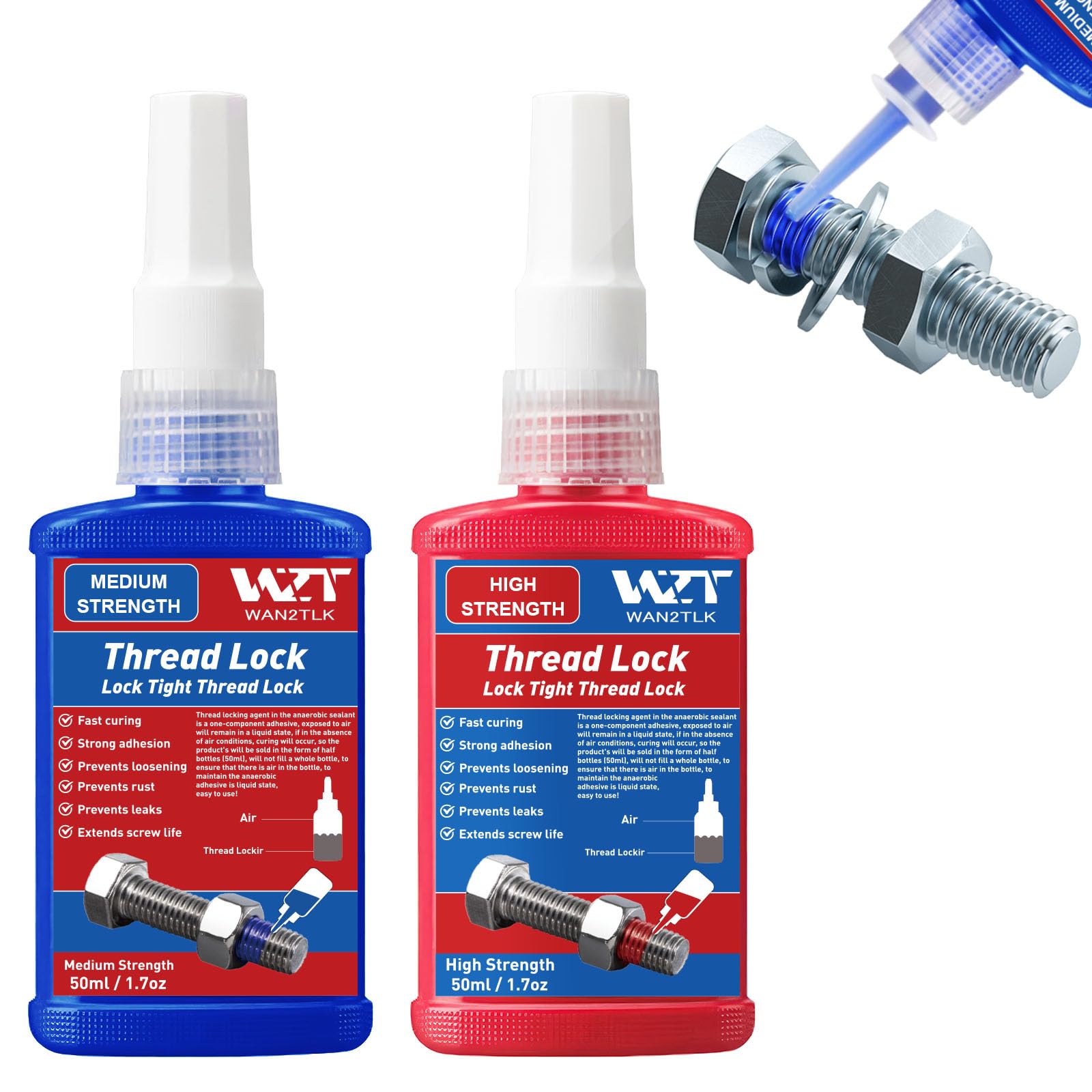 WAN2TLK 2Pack 50ml Locktight Threadlock Blue and Red, Thread Lock Medium and High Strength Lock Tight for Nuts, Bolts, Fasteners and Metals, Prevent Loosening and Corrosion