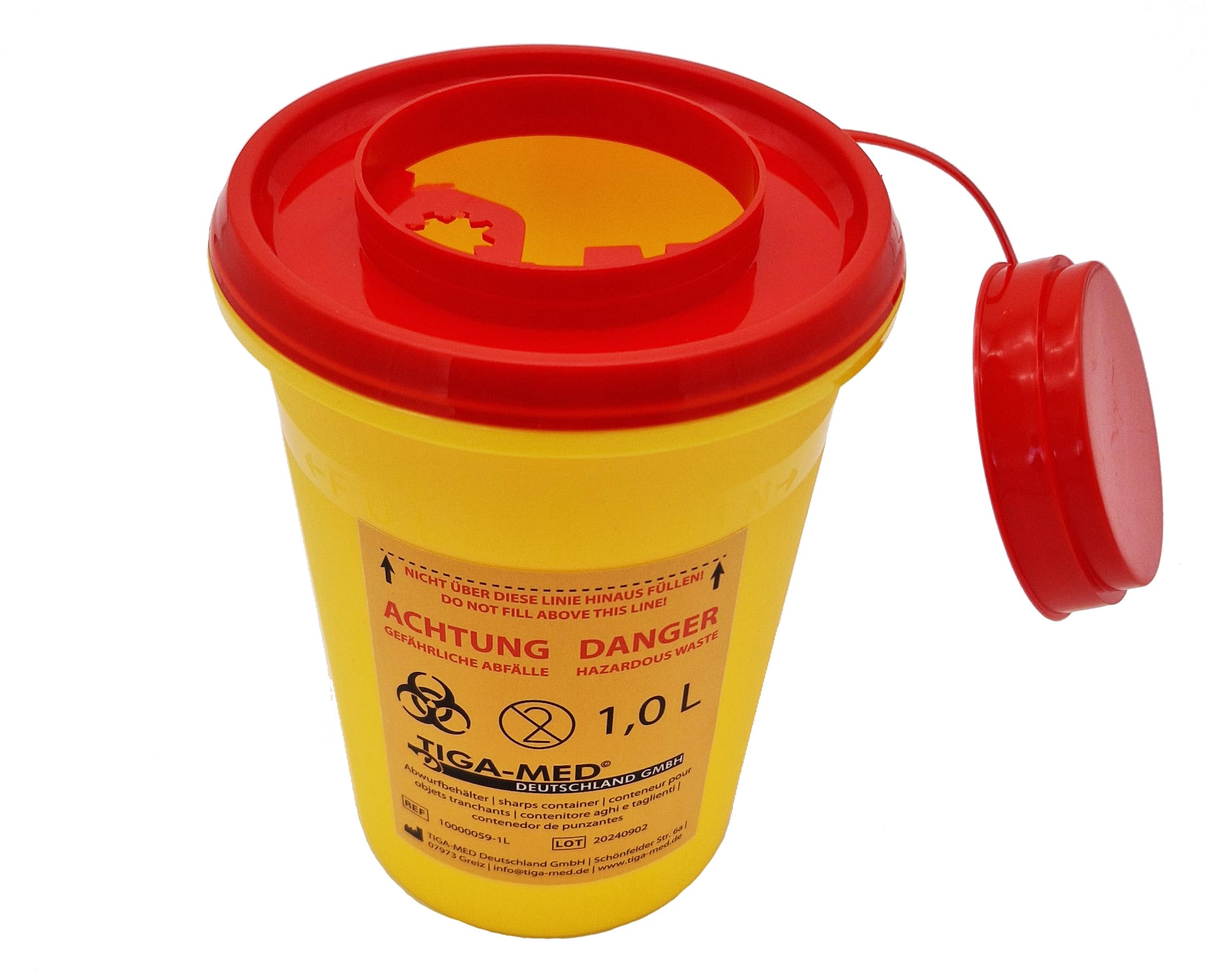 Tiga-Med, 1 Liter Cannula Disposal Box, Pack of 5, Polypropylene, Red Lid