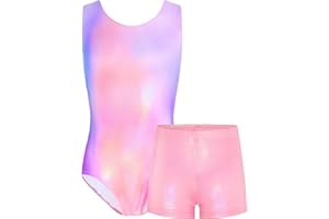 TENVDA Gymnastics Leotards for Girls 5-12 Years Old Sparkly Dance Tumbling Outfit Matching Shorts Set