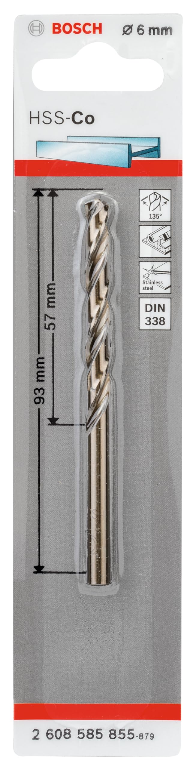 Bosch 2608585855 Professional HSS-Co Metal Drill Bit (stainless steel, 6 x 57 x 93 mm, accessory drill driver) , Gold