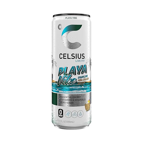 CELSIUS PLAYA VIBE SPARKLING PINA COLADA, SUGAR FREE ENERGY DRINK, 12 FL OZ (PACK OF 12)