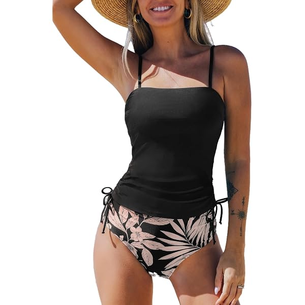 Conjunto De Tankini Para Mujer - Parte Superior Con Cintura Fruncida Y Parte Inferior Alta