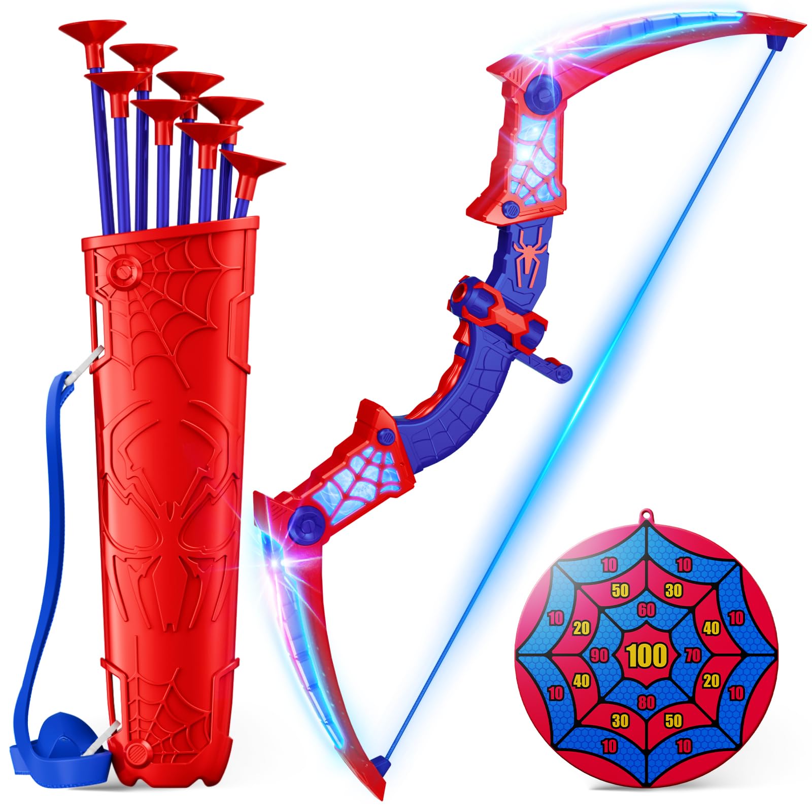 Toys for Age 3-12, Boys Toy With Red & Blue LED Lights, Quiver & Web Target, Kids Toys Gifts for 3 4 5 6 7 8 10 Year Old Boys Kids Birthday Presents for 3 4 5 6 7 8 9 10 Year Olds Boys Girls