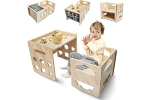 Satisure Montessori Weaning Table and Chair Set, Wooden Toddler Table and Chair Set, 1-3 Age Kids Table and Chairs with Blackboard & 3 Heights Adjustable for Eating & Drawing & Reading