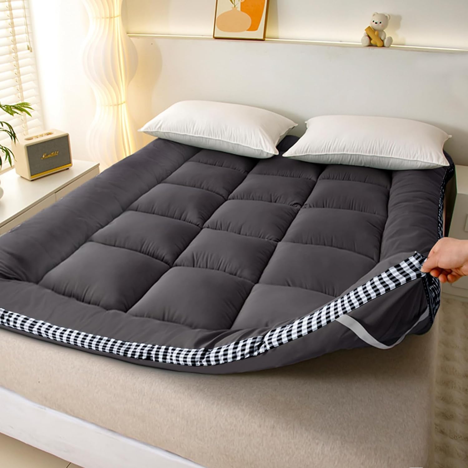 Photo 1 of Thick Mattress Topper Twin Size - Non-Slip Mattress Pad Cover for Back Pain Breathable Folding Sleeping Pad Machine Washable Mattress Protector (39x75 inch,Black)