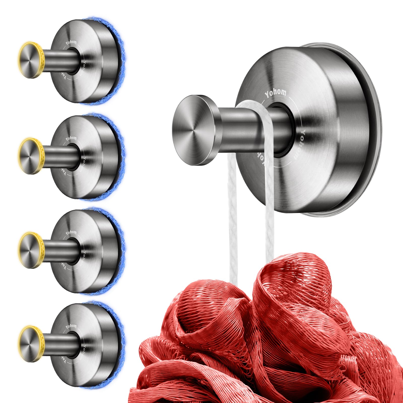 YOHOM Suction Hooks for Bathroom Vacuum Suction Cup Towel Hook Holder for Shower Wreaths on Glass Stainless Steel Brushed Silver 4Pcs