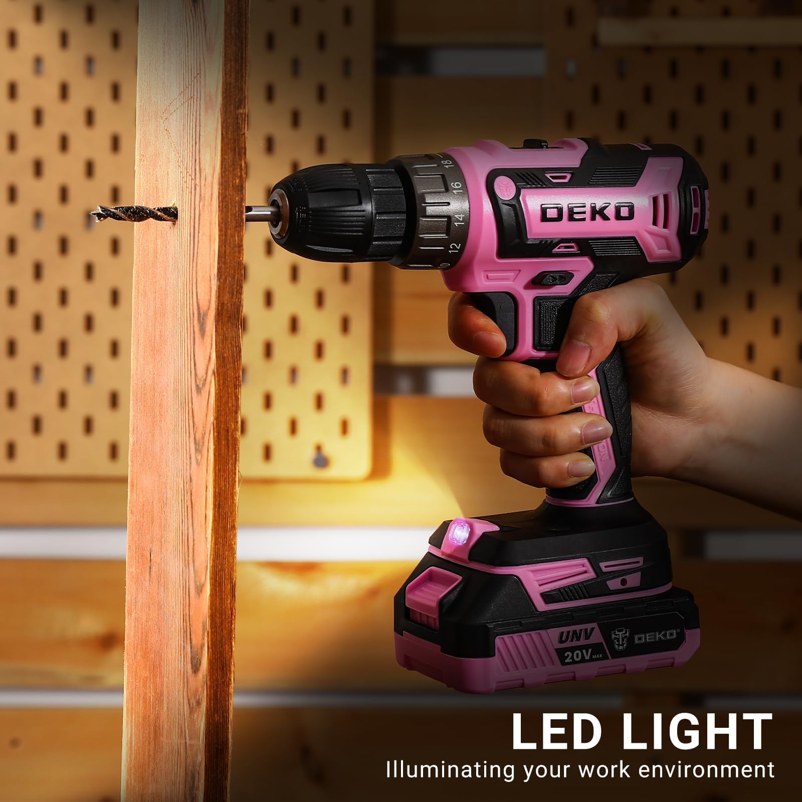 Power Drill Cordless: DEKOPRO Pink Cordless Drill 20V Electric Power Set Tool for Women Drills with Battery and Charger Drills Driver Kit