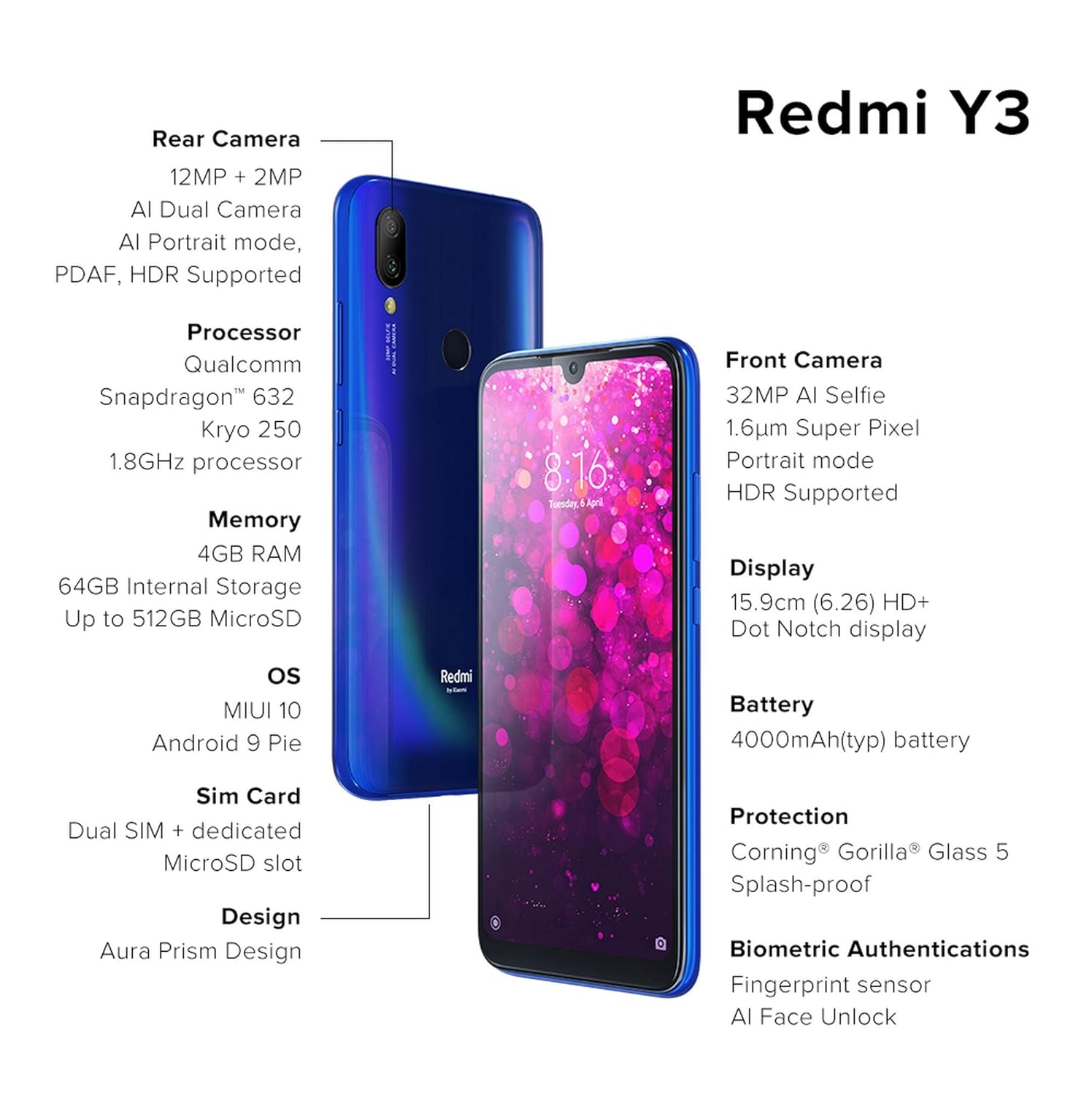redmi y3 elegant blue 4gb 64gb