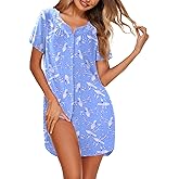 Ekouaer Womens Nightgown Cotton Sleepwear Button Down Sleep Shirt Embroidered Nightshirt Short Sleeve Floral Pajama Dress